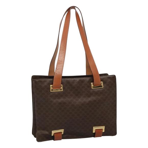 CELINE Macadam Canvas Shoulder Bag Pvc Leather Brown Gold - Picture 1 of 13